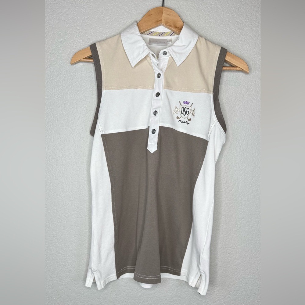 Daily Sports Sleeveless Golf Polo Women’s Medium Embroidered Logo Taupe/White